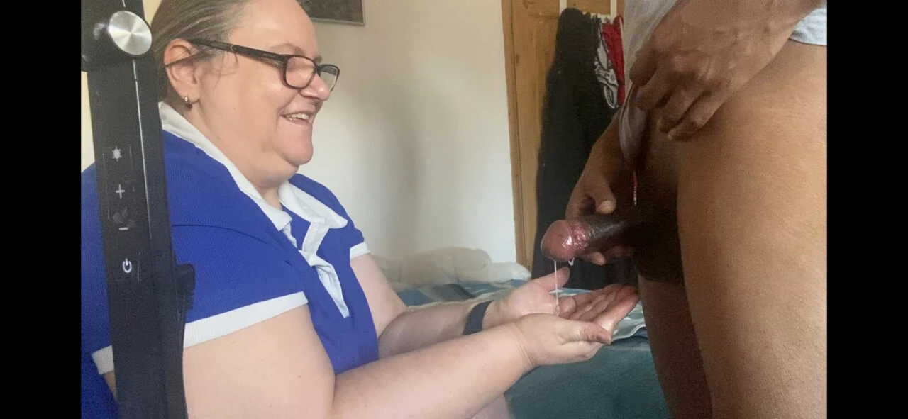 Hot Milf BBW Nurse Loves Black Cock in her hands. Interracial Handjob